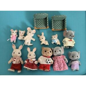 Vintage Flocked Animal Figures Lot 11 Articulated Critters Dollhouse Chairs